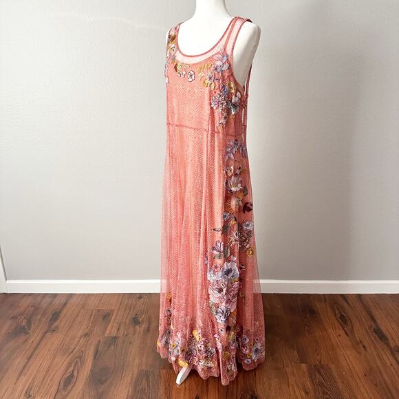 Sundance Floral Embroidered Peach Mesh Sleeveless Maxi Dress women's size 16 - Picture 1 of 15